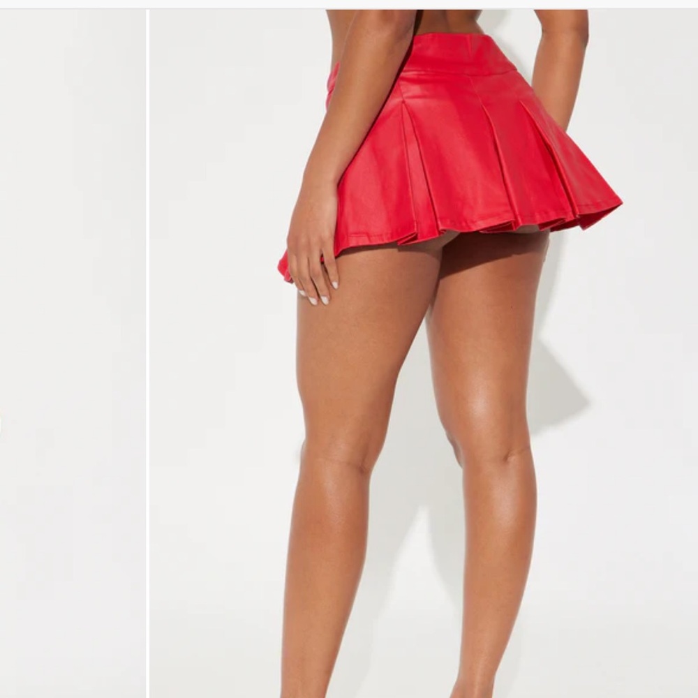 Vibrant Red Faux Leather Pleated Skort